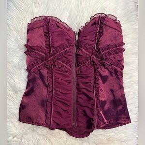 Bebe Purple Satin Corset Top Strapless Ruffle Bustier Sweetheart XS